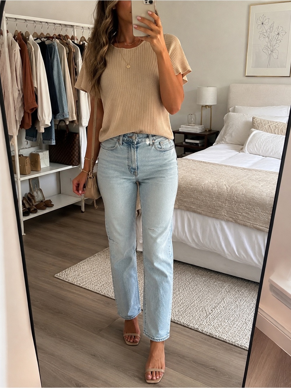 Ann Taylor Ribbed Short-Sleeve Knit Top in Beige